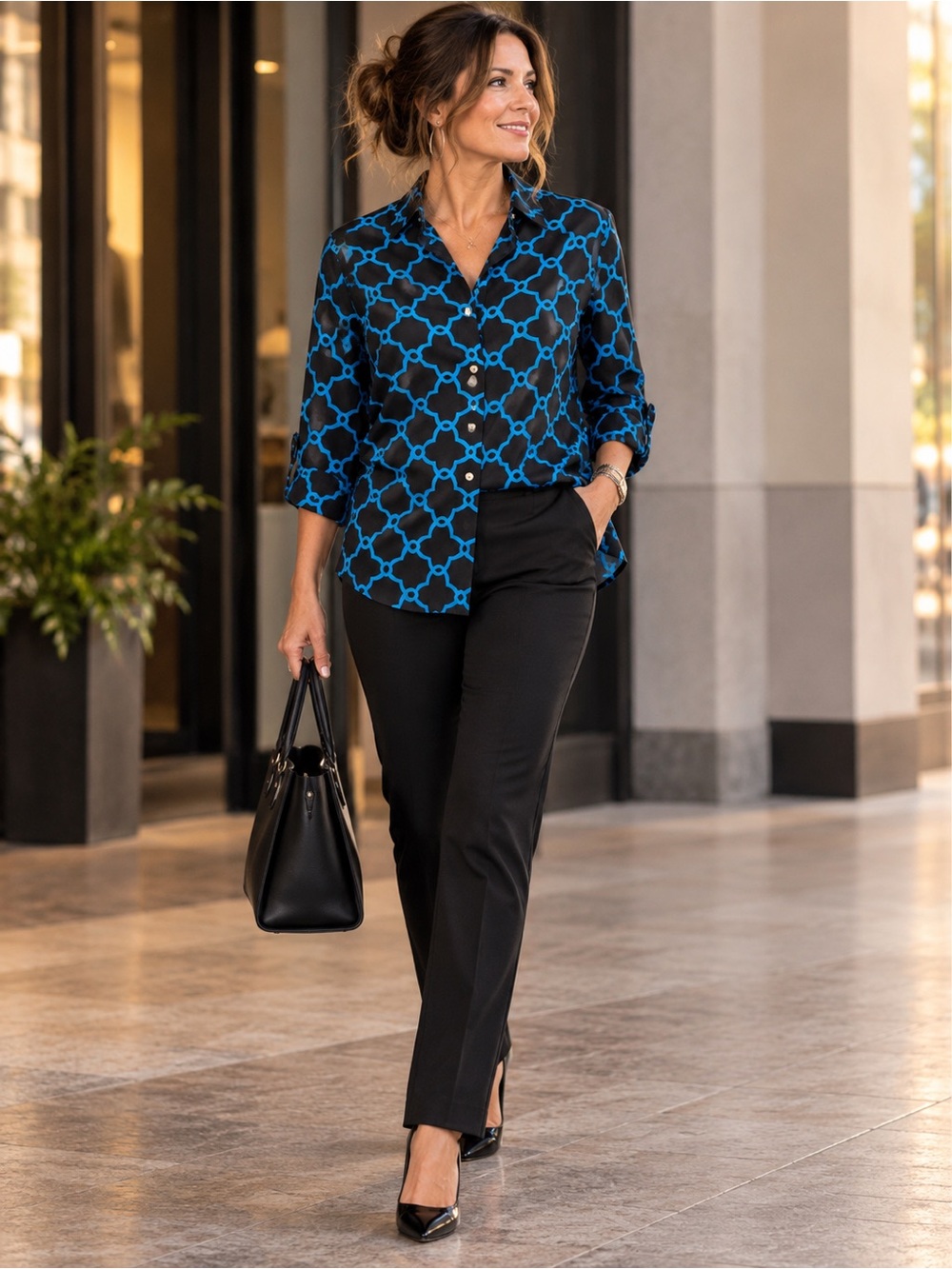 Foxcroft Button Down Women’s Size 10 Cotton Long Sleeve Black Blue Geometric
